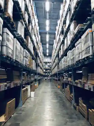 Warehouse with shelves of stocked boxes